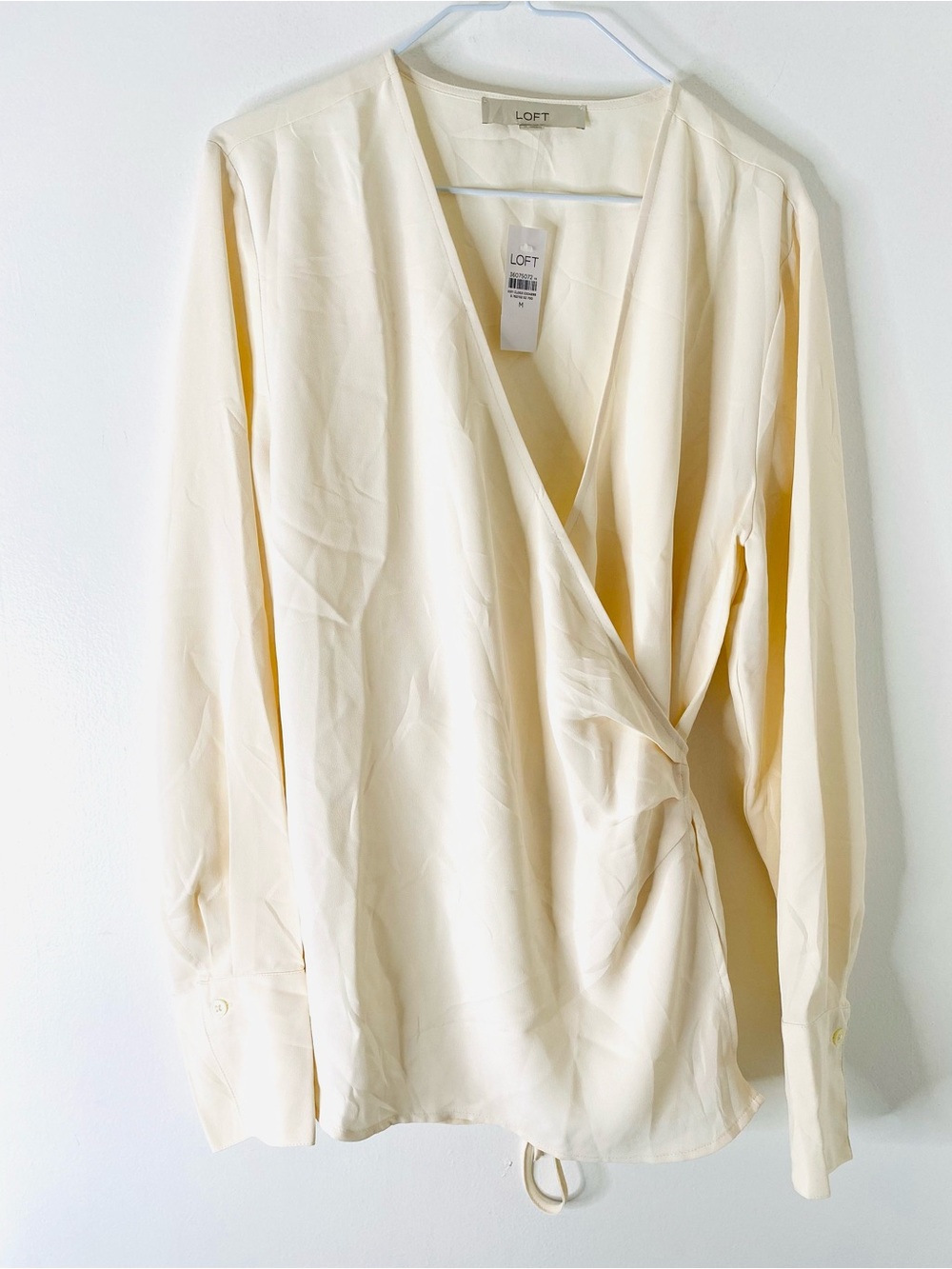 LOFT NWT Ivory Cream Wrap Blouse Plunge V Neck Tie Back Bow Long Sleeve Top